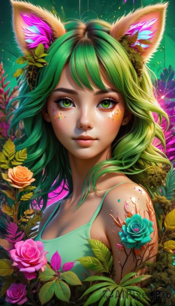 1girl,solo,long hair,breasts,looking at viewer,bangs,hair ornament,animal ears,cleavage,bare shoulders,medium breasts,closed mouth,green eyes,collarbone,upper body,flower,green hair,artist name,cat ears,lips,eyelashes,tattoo,makeup,rose,leaf,watermark,tank top,plant,web address,pink flower,camisole,freckles,blue flower,yellow flower,nose,vines,pink rose,orange flower,mascara,yellow rose,green flower,shirt,sleeveless,sparkle,facial mark,pink lips,green shirt,purple flower,blue rose,facepaint