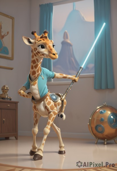 solo,shirt,1boy,holding,animal ears,standing,tail,full body,weapon,short sleeves,male focus,sword,artist name,indoors,necklace,holding weapon,black eyes,window,holding sword,blue shirt,robot,curtains,furry,reflection,shield,mirror,furry male,energy sword,taur,globe,lightsaber,brown eyes,sky,no humans,shadow,realistic,hooves