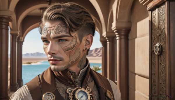 solo,looking at viewer,short hair,blue eyes,brown hair,shirt,1boy,jewelry,white shirt,upper body,male focus,earrings,outdoors,parted lips,day,water,blurry,vest,lips,blurry background,facial hair,ocean,portrait,realistic,nose,mustache,pillar,brown vest,arch,hyur,column,1girl,blonde hair,closed mouth,sky,looking to the side,tattoo,facial mark,looking away,piercing,asymmetrical hair,very short hair,undercut,facial tattoo,neck tattoo