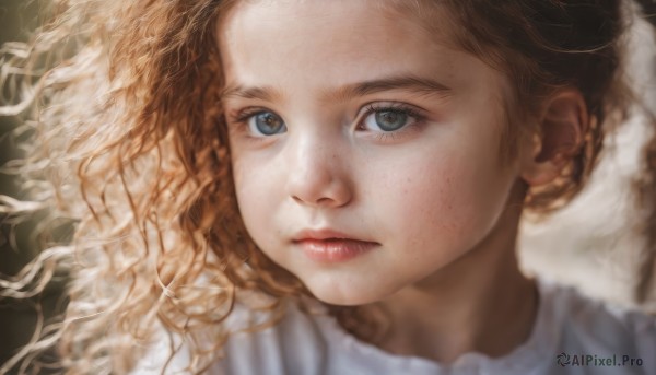 1girl,solo,long hair,looking at viewer,blue eyes,blonde hair,brown hair,closed mouth,blurry,lips,grey eyes,eyelashes,wavy hair,expressionless,messy hair,portrait,close-up,freckles,curly hair,realistic,nose,forehead