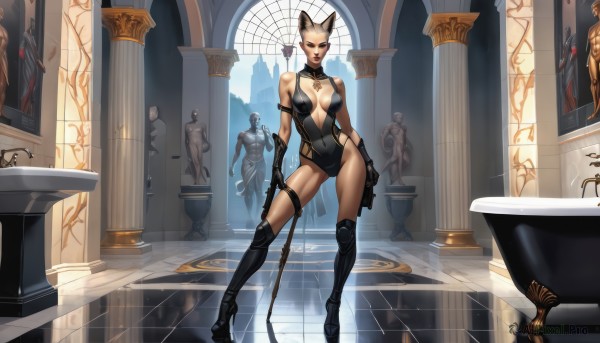 1girl,solo,breasts,looking at viewer,short hair,large breasts,gloves,holding,animal ears,cleavage,bare shoulders,jewelry,medium breasts,standing,full body,weapon,boots,sword,indoors,cat ears,holding weapon,armor,high heels,collar,leotard,lips,gun,covered navel,tattoo,makeup,highleg,knee boots,black leotard,handgun,reflection,contrapposto,long legs,tiles,tile floor,whip,statue,reflective floor,red eyes,thighhighs,bodysuit,thigh strap,thigh boots,lipstick,armlet