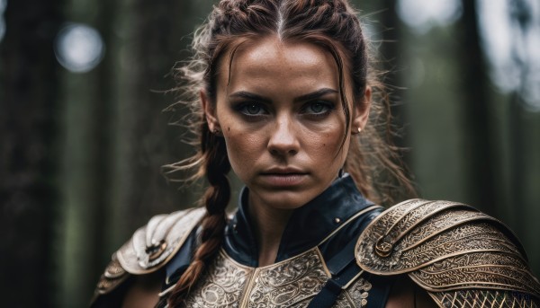 1girl,solo,long hair,looking at viewer,brown hair,jewelry,closed mouth,upper body,braid,earrings,armor,mole,blurry,black eyes,lips,grey eyes,mole under eye,single braid,blurry background,shoulder armor,portrait,freckles,pauldrons,breastplate,realistic,chainmail,green eyes,twin braids,scar,nature,forest