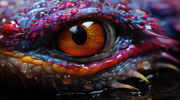 solo,looking at viewer,red eyes,yellow eyes,teeth,artist name,signature,water,blurry,orange eyes,no humans,depth of field,blurry background,slit pupils,tentacles,close-up,1other,colored sclera,reflection,fish,monster,realistic,octopus,eye focus,animal,scales,animal focus,extra eyes,yellow sclera