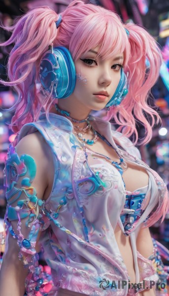 1girl,solo,long hair,breasts,looking at viewer,bangs,cleavage,twintails,brown eyes,jewelry,medium breasts,closed mouth,underwear,upper body,pink hair,sleeveless,artist name,necklace,bra,blurry,black eyes,vest,lips,see-through,tattoo,makeup,blurry background,headphones,zipper,realistic,nose,large breasts,jacket,open clothes,choker,belt,o-ring