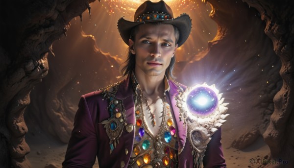 solo,looking at viewer,black hair,1boy,hat,brown eyes,jewelry,closed mouth,jacket,upper body,male focus,open clothes,signature,necklace,open jacket,lips,black headwear,glowing,facial hair,gem,rock,realistic,magic,purple jacket,orb,cave,blue eyes,brown hair,long sleeves,fantasy,brown headwear,light,cowboy hat