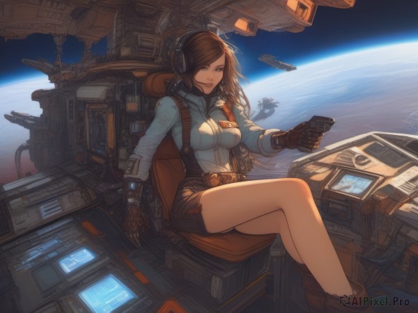 1girl,solo,long hair,breasts,looking at viewer,blue eyes,skirt,brown hair,gloves,holding,brown eyes,medium breasts,sitting,boots,shorts,belt,lips,bare legs,headphones,crossed legs,brown gloves,headset,science fiction,controller,space,planet,earth (planet),spacecraft,spacesuit,cockpit,jacket,weapon,miniskirt,gun,legs,chair,phone,realistic