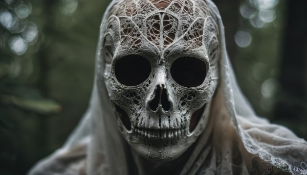 solo,looking at viewer,1boy,male focus,blurry,mask,depth of field,blurry background,portrait,veil,facing viewer,1other,skull,realistic,horror (theme),upper body,teeth,artist name,signature,hood,no humans,robe