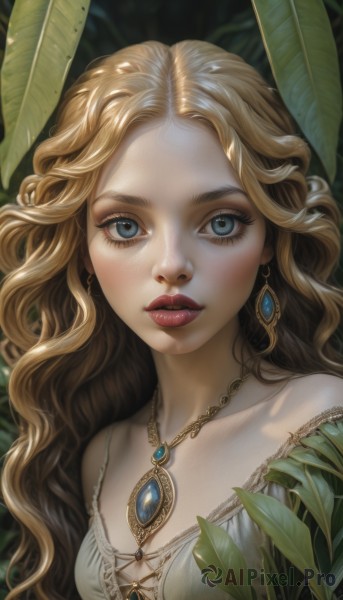 1girl,solo,long hair,breasts,looking at viewer,blue eyes,blonde hair,dress,cleavage,bare shoulders,jewelry,collarbone,upper body,earrings,small breasts,parted lips,teeth,tongue,necklace,white dress,lips,eyelashes,makeup,leaf,wavy hair,plant,gem,portrait,strap slip,pendant,freckles,curly hair,realistic,red lips,brown hair,nose,mascara