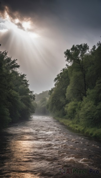 outdoors,sky,day,cloud,water,tree,no humans,sunlight,cloudy sky,nature,scenery,forest,light rays,mountain,sun,sunbeam,river,landscape,grass,plant,bush