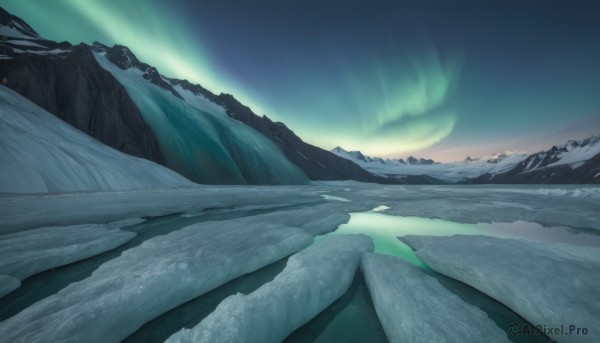 outdoors,sky,cloud,water,no humans,night,star (sky),nature,night sky,scenery,snow,forest,starry sky,mountain,landscape,mountainous horizon,lake,aurora,blue sky,sunlight,light rays,sunrise