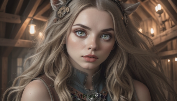 1girl,solo,long hair,looking at viewer,blonde hair,brown hair,hair ornament,animal ears,bare shoulders,green eyes,hairband,parted lips,sleeveless,indoors,mole,blurry,lips,dutch angle,eyelashes,blurry background,wavy hair,portrait,forehead,freckles,realistic,cat ears,animal ear fluff,close-up,zipper,nose