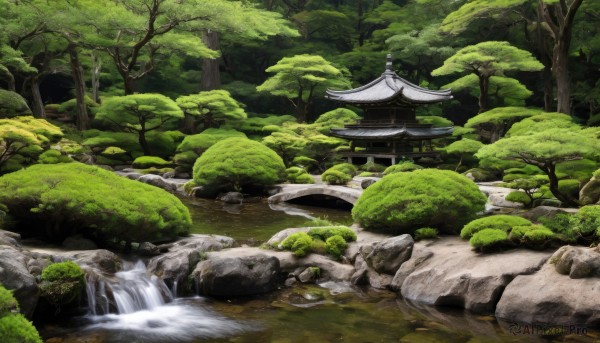 outdoors,day,water,tree,no humans,grass,nature,scenery,forest,rock,architecture,east asian architecture,river,waterfall,moss,stone lantern,stream,bush,pond