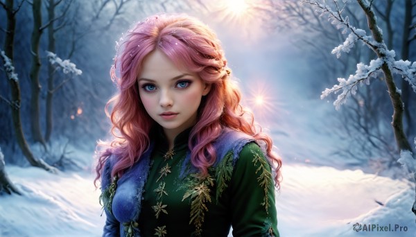 HQ,1girl,solo,long hair,breasts,looking at viewer,blue eyes,dress,upper body,pink hair,braid,outdoors,parted lips,day,blurry,tree,lips,eyelashes,makeup,depth of field,wavy hair,sunlight,nature,snow,forest,curly hair,green dress,snowing,mountain,realistic,winter,bare tree,pine tree,artist name,watermark,web address