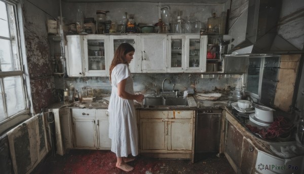 1girl,solo,long hair,brown hair,black hair,dress,standing,short sleeves,barefoot,indoors,dark skin,white dress,from side,dark-skinned female,window,profile,bottle,scenery,cooking,kitchen,jar,sink,faucet,cabinet,stove,cutting board,blood,plate,horror (theme)