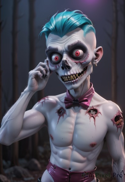 solo,looking at viewer,smile,short hair,open mouth,red eyes,1boy,bow,navel,jewelry,nipples,blue hair,collarbone,upper body,male focus,earrings,outdoors,teeth,shiny,belt,hand up,bowtie,nail polish,blurry,tree,fingernails,blood,tattoo,mask,muscular,night,blurry background,colored skin,piercing,abs,pectorals,pink bow,black nails,veins,topless male,skull,stitches,pink bowtie,horror (theme),artist name,aqua hair,detached collar,sharp fingernails