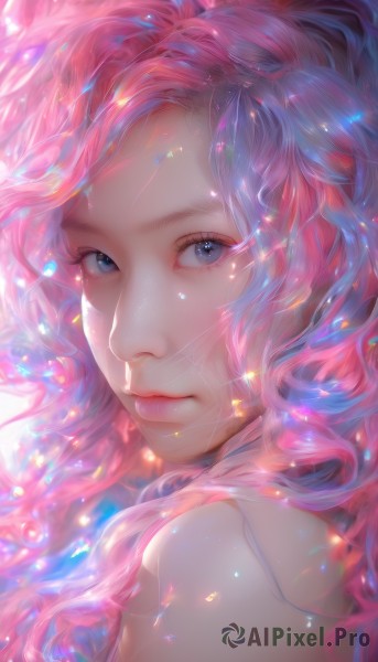 1girl,solo,long hair,looking at viewer,blue eyes,bare shoulders,closed mouth,blue hair,upper body,pink hair,multicolored hair,artist name,star (symbol),from side,lips,eyelashes,sparkle,portrait,close-up,freckles,nose,grey eyes,watermark,light particles,pink lips,realistic