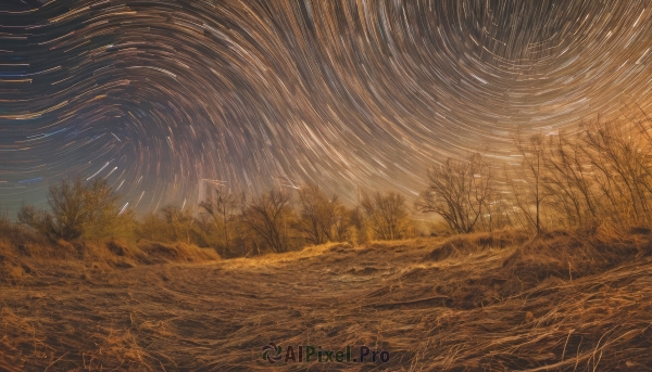 outdoors,sky,tree,no humans,night,grass,star (sky),nature,night sky,scenery,forest,starry sky,bare tree,field