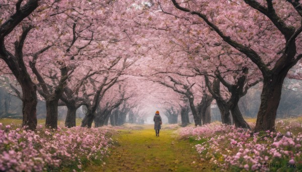 1girl, solo, standing, flower, outdoors, day, signature, from behind, blurry, tree, petals, grass, cherry blossoms, nature, scenery, pink flower, facing away, field, wide shot