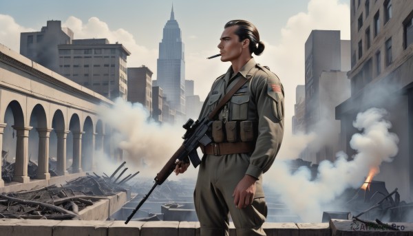 solo,black hair,long sleeves,1boy,holding,standing,weapon,male focus,outdoors,sky,day,belt,cloud,dark skin,hair bun,holding weapon,uniform,gun,military,military uniform,single hair bun,fire,building,holding gun,rifle,smoke,cigarette,city,smoking,assault rifle,cityscape,ruins,american flag,soldier,rubble,war,jacket,pants,from side,mouth hold,pocket,realistic,skyscraper,radio antenna,bulletproof vest