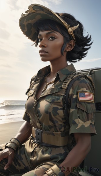 1girl,solo,breasts,looking at viewer,short hair,shirt,black hair,hat,brown eyes,jewelry,medium breasts,sitting,short sleeves,outdoors,horns,sky,day,belt,pants,dark skin,necklace,bag,uniform,black eyes,bracelet,dark-skinned female,lips,military,military uniform,ocean,beach,backpack,helmet,realistic,nose,camouflage,dog tags,soldier,camouflage pants,earrings,zipper,american flag,world war ii,desert