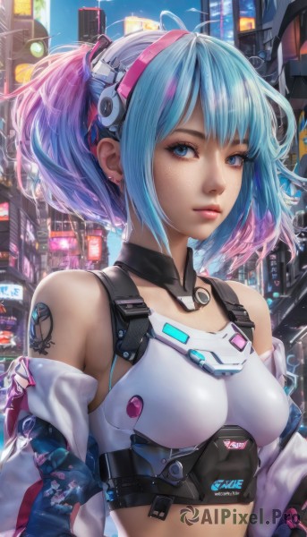 1girl,solo,breasts,looking at viewer,short hair,bangs,blue eyes,bare shoulders,twintails,jewelry,medium breasts,blue hair,jacket,upper body,pink hair,multicolored hair,hairband,earrings,small breasts,outdoors,parted lips,open clothes,midriff,off shoulder,two-tone hair,open jacket,lips,crop top,tattoo,gradient hair,makeup,piercing,ear piercing,freckles,science fiction,city,realistic,nose,android,arm tattoo,shoulder tattoo,cyborg,barcode,cyberpunk,closed mouth,sidelocks,sky,artist name,armor,eyelashes,headgear,short twintails,building