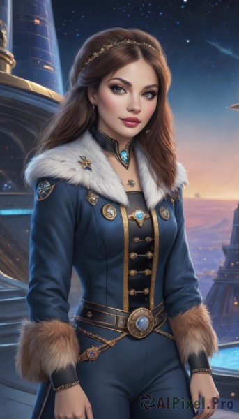 1girl,solo,long hair,breasts,looking at viewer,smile,brown hair,long sleeves,brown eyes,jewelry,standing,cowboy shot,hairband,earrings,outdoors,parted lips,sky,choker,belt,pants,artist name,signature,necklace,nail polish,lips,coat,fur trim,makeup,night,watermark,ring,tiara,lipstick,gem,star (sky),night sky,web address,pendant,starry sky,freckles,fur collar,nose,blue pants,red lips,watercraft,fur-trimmed sleeves,blue coat,ship,medium breasts,jacket,star (symbol),realistic,badge