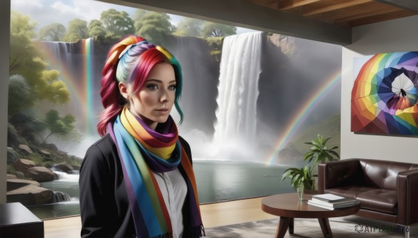 1girl,solo,long hair,looking at viewer,smile,jacket,upper body,ponytail,pink hair,white hair,red hair,multicolored hair,striped,indoors,water,scarf,two-tone hair,tree,lips,chair,table,couch,multicolored clothes,personification,realistic,nose,rainbow,waterfall,rainbow order,rainbow gradient,rainbow hair,multicolored scarf,multicolored stripes,blue eyes,shirt,blue hair,outdoors,green hair,sky,day,cloud,black jacket,watermark,sunlight,plant