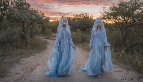 long hair,looking at viewer,blue eyes,multiple girls,long sleeves,dress,2girls,standing,full body,white hair,outdoors,sky,barefoot,cloud,hood,white dress,tree,siblings,wavy hair,nature,scenery,forest,walking,sunset,robe,realistic,arms at sides,dirty,white robe,dirty feet,smile,grass,sisters,cloak