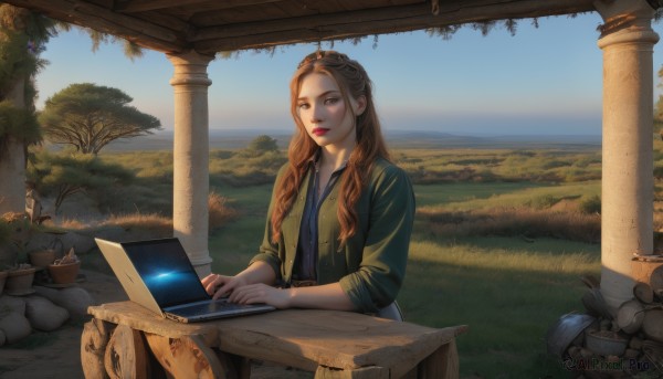 1girl,solo,long hair,brown hair,shirt,brown eyes,sitting,jacket,outdoors,open clothes,sky,day,tree,cup,lips,chair,table,grass,plant,lipstick,scenery,green jacket,red lips,computer,pillar,laptop,looking at viewer,long sleeves,jewelry,closed mouth,upper body,parted lips,necklace,open jacket,blue sky,makeup,sunlight,blue shirt,forehead,realistic,nose,green shirt