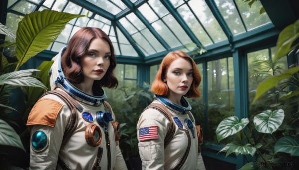 looking at viewer,short hair,blue eyes,multiple girls,brown hair,2girls,brown eyes,upper body,parted lips,indoors,medium hair,orange hair,lips,window,makeup,leaf,helmet,plant,lipstick,freckles,realistic,red lips,american flag,spacesuit,space helmet,astronaut,bangs,closed mouth,grey eyes,science fiction,pilot suit,spacecraft,helmet removed,american flag print