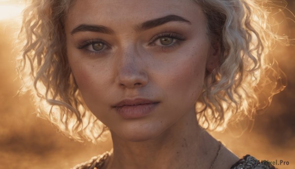 1girl,solo,looking at viewer,short hair,blonde hair,brown hair,brown eyes,jewelry,closed mouth,green eyes,necklace,mole,blurry,lips,eyelashes,blurry background,wavy hair,portrait,mole under mouth,close-up,backlighting,freckles,curly hair,realistic,nose,mole on cheek