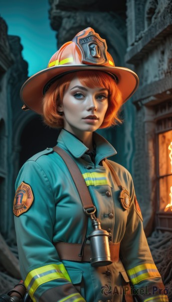 1girl,solo,looking at viewer,short hair,blue eyes,brown hair,long sleeves,hat,jacket,upper body,weapon,red hair,parted lips,orange hair,blurry,uniform,lips,gun,blurry background,watermark,freckles,realistic,nose,strap,badge,binoculars,gloves,holding,outdoors,military,military uniform,makeup,helmet,explosive,grenade