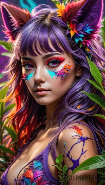 1girl,solo,long hair,breasts,looking at viewer,bangs,hair ornament,animal ears,cleavage,bare shoulders,medium breasts,closed mouth,purple eyes,upper body,purple hair,flower,multicolored hair,artist name,cat ears,hair flower,blurry,lips,fox ears,eyelashes,tattoo,makeup,leaf,facial mark,plant,lipstick,eyeshadow,pink lips,realistic,nose,red lips,eyeliner,facepaint,mascara,large breasts,swimsuit,bikini,pink eyes,mole,from side,colorful,paint splatter