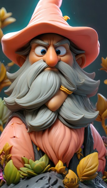 solo,looking at viewer,blue eyes,1boy,hat,flower,white hair,grey hair,male focus,pointy ears,witch hat,facial hair,thick eyebrows,red headwear,beard,mustache,old,old man,wizard hat,long hair,closed mouth,upper body,artist name,blurry,v-shaped eyebrows,leaf,watermark,web address,pink headwear