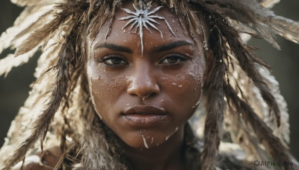 1girl,solo,looking at viewer,simple background,brown hair,hair ornament,brown eyes,parted lips,teeth,dark skin,blurry,dark-skinned female,lips,wet,eyelashes,depth of field,blurry background,feathers,portrait,close-up,freckles,realistic,nose,headdress,straight-on,dreadlocks,native american,long hair,facial mark