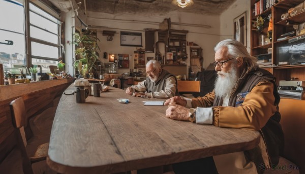 long sleeves,sitting,white hair,male focus,multiple boys,glasses,indoors,2boys,vest,cup,window,facial hair,chair,table,bottle,plant,beard,realistic,mustache,potted plant,lamp,bald,old,old man,restaurant,cafe,1boy,jacket,book,animal,cat,watch,wristwatch,manly,bar (place),counter,wrinkled skin