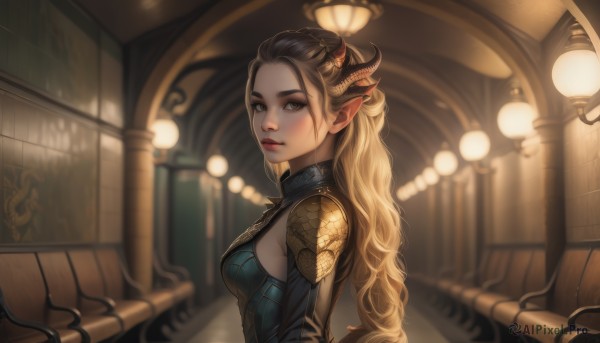 1girl,solo,long hair,breasts,looking at viewer,blonde hair,brown hair,brown eyes,medium breasts,closed mouth,upper body,horns,pointy ears,indoors,armor,blurry,from side,lips,looking to the side,dutch angle,sideboob,makeup,depth of field,blurry background,elf,shoulder armor,pauldrons,stairs,nose,red lips,blush,hair ornament,yellow eyes,wavy hair