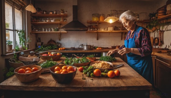 1girl,solo,smile,short hair,shirt,long sleeves,holding,jewelry,closed mouth,standing,white hair,grey hair,food,glasses,indoors,hair bun,apron,cup,window,fruit,looking down,table,single hair bun,bottle,knife,plant,steam,plate,bowl,realistic,spoon,basket,holding knife,potted plant,lamp,carrot,old,old man,cooking,shelf,ladle,kitchen,tomato,vegetable,counter,cabinet,old woman,stove,lettuce,potato,kitchen knife,wrinkled skin,cutting board,onion,1boy,closed eyes,male focus,collared shirt,from side,profile,sleeves rolled up,apple,bread,jar,sink,spatula,ceiling light,faucet,eggplant,radish