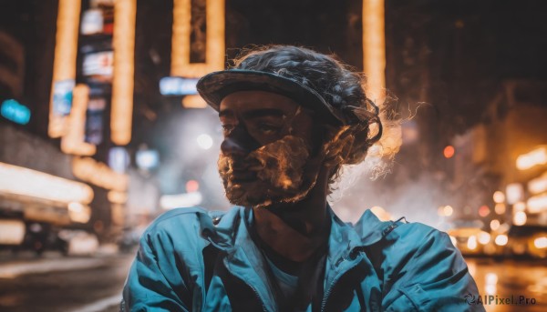 solo,short hair,shirt,black hair,1boy,jacket,upper body,male focus,outdoors,artist name,dark skin,blurry,dark-skinned female,looking to the side,night,blurry background,facial hair,dark-skinned male,blue jacket,portrait,beard,city,realistic,visor cap,very dark skin,city lights,dreadlocks,hat,jewelry,closed eyes,white shirt,open jacket,mask,depth of field,thick eyebrows,baseball cap,facing viewer,backlighting,denim jacket