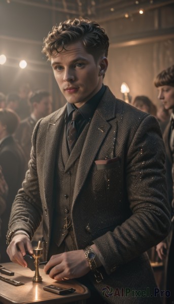 looking at viewer,short hair,blue eyes,brown hair,shirt,black hair,long sleeves,1boy,jewelry,closed mouth,standing,jacket,male focus,earrings,multiple boys,necktie,solo focus,striped,collared shirt,pants,indoors,blurry,black eyes,vest,bracelet,lips,black jacket,black shirt,depth of field,blurry background,watermark,formal,table,ring,suit,black necktie,web address,6+boys,pocket,watch,black vest,realistic,nose,wristwatch,stud earrings,candle,breast pocket,brown vest,suit jacket,chandelier,brown necktie,smile,open clothes,necklace,facial hair,black pants,curly hair,brown jacket,brown shirt,earpiece