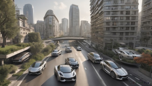 outdoors,sky,day,cloud,signature,tree,no humans,ground vehicle,building,scenery,motor vehicle,city,car,road,cityscape,vehicle focus,lamppost,street,skyscraper,truck,crosswalk,artist name,shadow,bridge,sports car,real world location