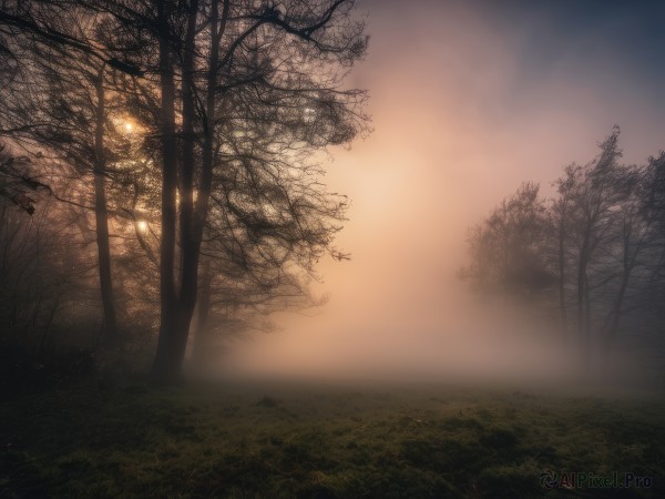 outdoors,sky,cloud,tree,no humans,sunlight,grass,nature,scenery,forest,sunset,light,bare tree,landscape,fog,sun,field