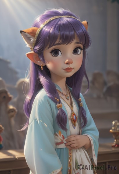 1girl,solo,long hair,looking at viewer,blush,smile,bangs,hair ornament,long sleeves,dress,animal ears,jewelry,closed mouth,upper body,purple hair,braid,hairband,earrings,outdoors,solo focus,day,pointy ears,indoors,cat ears,wide sleeves,necklace,white dress,blurry,black eyes,lips,depth of field,blurry background,sunlight,gem,freckles,brown eyes,bag,flat chest,fake animal ears,child,extra ears