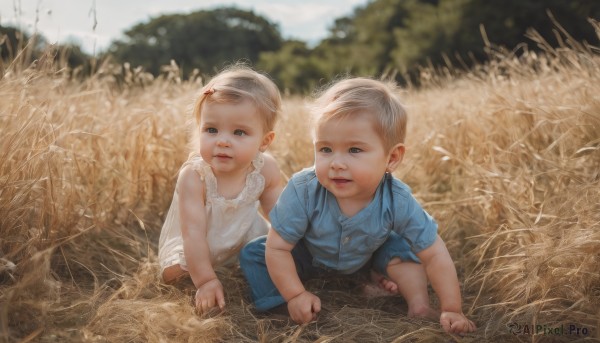 1girl,short hair,blue eyes,blonde hair,shirt,1boy,dress,short sleeves,grey hair,outdoors,parted lips,shorts,barefoot,sleeveless,day,white dress,blurry,sleeveless dress,siblings,grass,aged down,blue shirt,all fours,child,realistic,female child,male child,dirty,multiple girls,hair ornament,2girls,field,baby