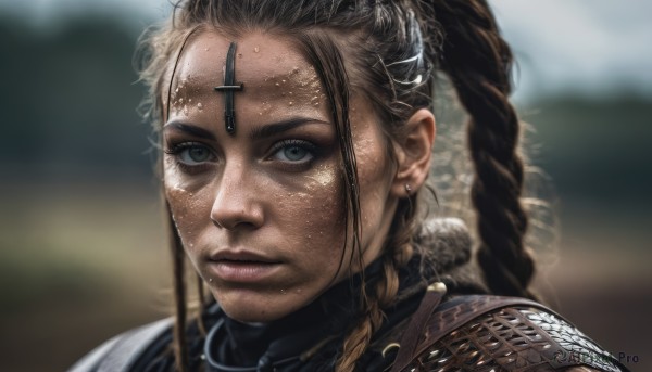 1girl,solo,long hair,looking at viewer,blue eyes,brown hair,hair ornament,jewelry,closed mouth,braid,sweat,earrings,outdoors,dark skin,necklace,armor,blurry,lips,grey eyes,depth of field,blurry background,cross,shoulder armor,portrait,forehead,freckles,pauldrons,realistic,nose,chainmail,black hair,twin braids,close-up,multiple braids