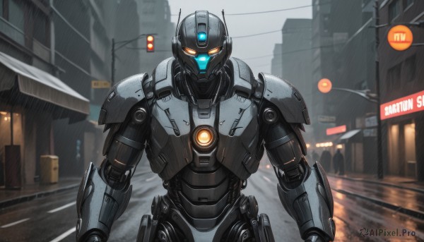 solo,looking at viewer,1boy,upper body,outdoors,armor,orange eyes,no humans,glowing,robot,building,mecha,glowing eyes,science fiction,rain,city,sign,realistic,road,straight-on,police,street,power armor,humanoid robot,traffic light,weapon,ground vehicle,motor vehicle