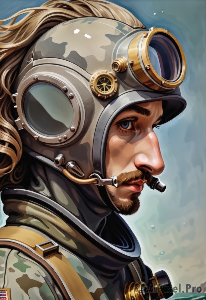 solo,looking at viewer,blue eyes,blonde hair,brown hair,1boy,upper body,male focus,uniform,from side,lips,military,military uniform,profile,facial hair,helmet,goggles,portrait,beard,headset,realistic,nose,mustache,camouflage,binoculars,soldier,pilot,water,goggles on head