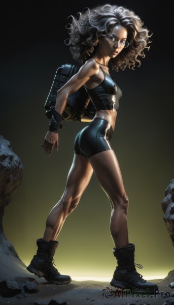 1girl,solo,long hair,breasts,looking at viewer,blue eyes,gloves,standing,full body,ass,grey hair,small breasts,boots,glasses,shorts,midriff,dark skin,fingerless gloves,bag,black footwear,dark-skinned female,lips,grey eyes,muscular,wavy hair,black shorts,backpack,bike shorts,curly hair,toned,sports bra,rock,nose,muscular female,ankle boots,weapon,looking back,crop top,gun,short shorts,backlighting,combat boots