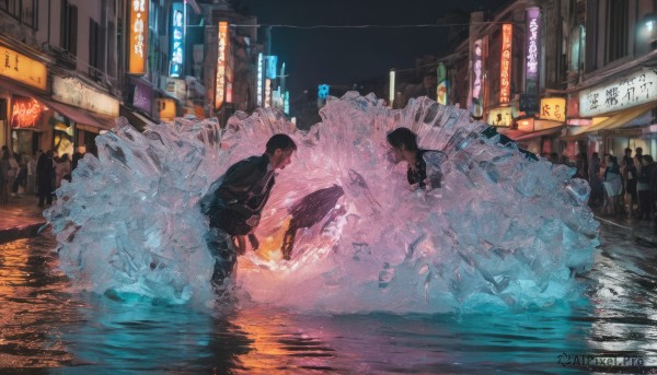 1girl,long hair,short hair,bangs,multiple girls,skirt,brown hair,shirt,black hair,standing,jacket,outdoors,necktie,sky,solo focus,pants,hood,water,bag,black jacket,night,backpack,ground vehicle,building,night sky,scenery,wading,reflection,fish,city,road,multiple others,street,crowd,people,solo,long sleeves,walking,rain,sign,dark,wide shot,city lights