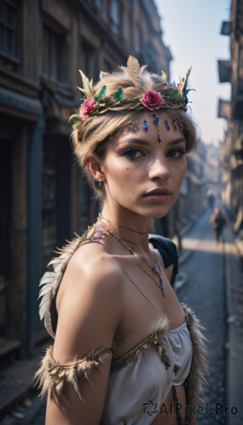 1girl,solo,breasts,looking at viewer,short hair,blue eyes,blonde hair,hair ornament,bare shoulders,jewelry,collarbone,upper body,flower,earrings,small breasts,outdoors,parted lips,day,hair flower,necklace,mole,blurry,lips,mole under eye,strapless,blurry background,rose,feathers,building,pink flower,armlet,freckles,circlet,realistic,nose,head wreath,pink rose,dress,from side,fur trim,sunlight,gem